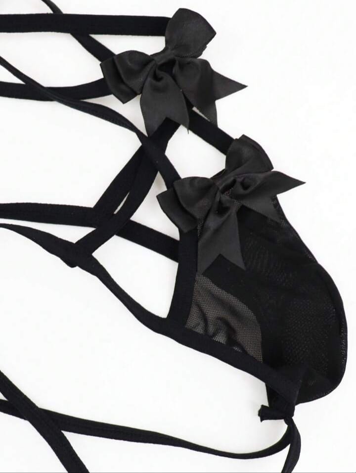 Energetic Black Bow Tie Alluring Mysterious Black Hollow Mesh Men's Lingerie